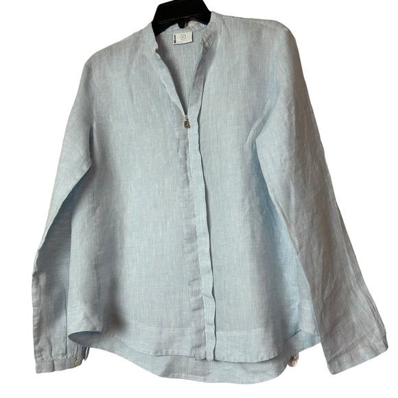 bogner womens 100 % linen blouse top Long Sleeve 1/2 Zip pullover blue size 8 - Picture 1 of 8
